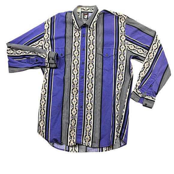 Karman Large Long Sleeve Aztec Purple Black Men's Button Up Button Pockets - Picture 1 of 5